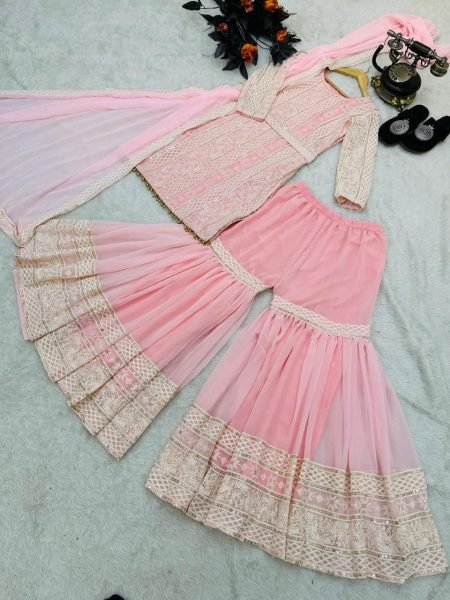 Designer Fox Georgette Sharara Suit With Embroidery Work  3 Piece Kurti Set
