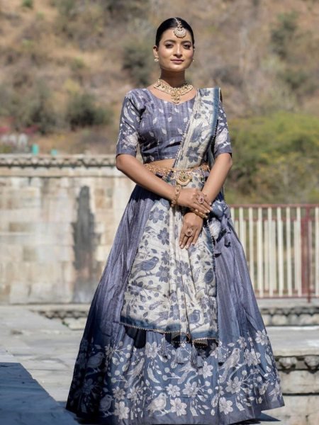 Dusty Blue Royal Pure Manipuri Silk Half Saree Lehenga Choli with Printed Dupatta Half Saree Lehenga