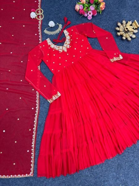 Designer Georgette Gown With Sequence Work And Dupatta 3 Piece Kurti Set
