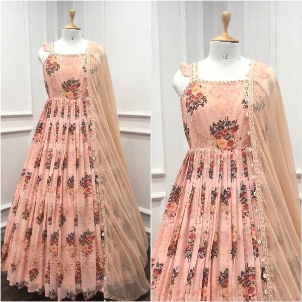 Designer Georgette Printed Gown   Dupatta With Real Mirror Lace  Kurti With Dupatta Wholesale