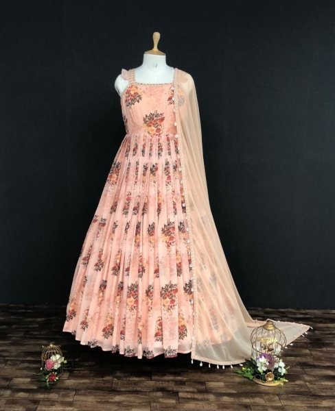 Designer Georgette Printed Gown   Dupatta With Real Mirror Lace  Kurti With Dupatta Wholesale