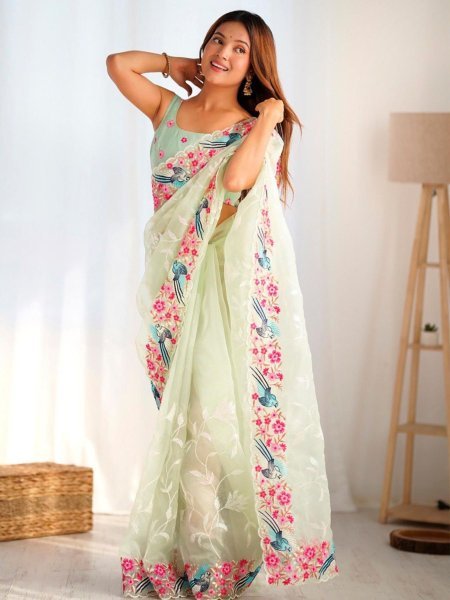 Wedding Wear Pista Organza Saree with Designer Arc Border & Sequin Embroidery Elegance Organza Sarees Wholesale