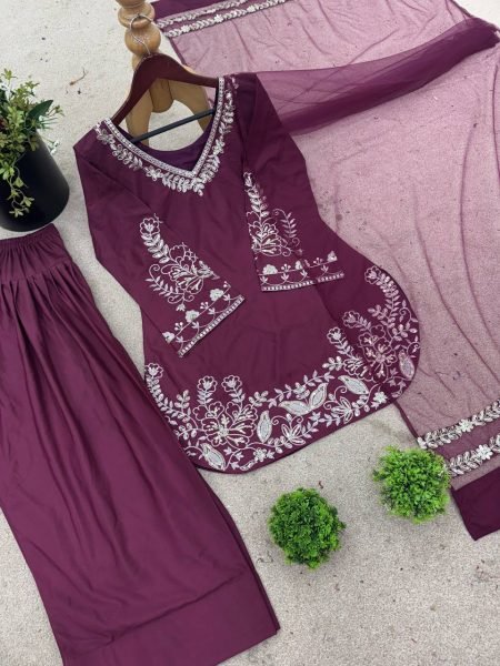 Mauve Crepe Silk Farshi Pant Set with Embroidered Dupatta Elegant Pakistani Style Wear Ready To Wear Collection