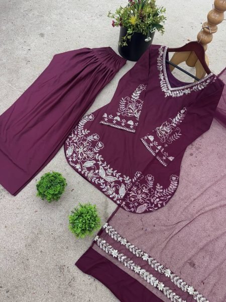 Mauve Crepe Silk Farshi Pant Set with Embroidered Dupatta Elegant Pakistani Style Wear Ready To Wear Collection