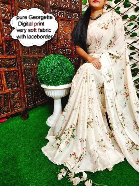 Designer Georgette White Colour Printed Saree  Georgette Sarees Wholesale