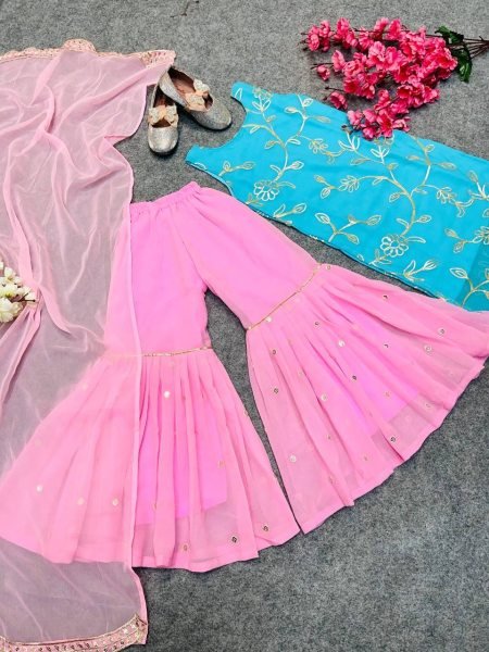 Designer Georgette With Sequnce Work Kids Sharara Collection  Girls Wear