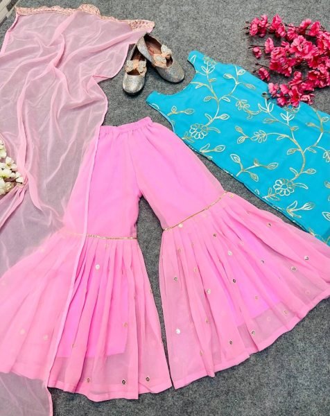 Designer Georgette With Sequnce Work Kids Sharara Collection  Girls Wear