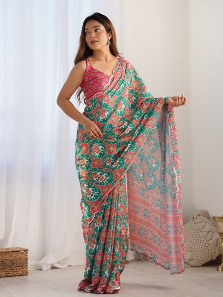 Designer Green Chinnon Mirror Lace Saree for Women Ethnic Kutchi Work Festive Wear Saree Surat Manufacturer  