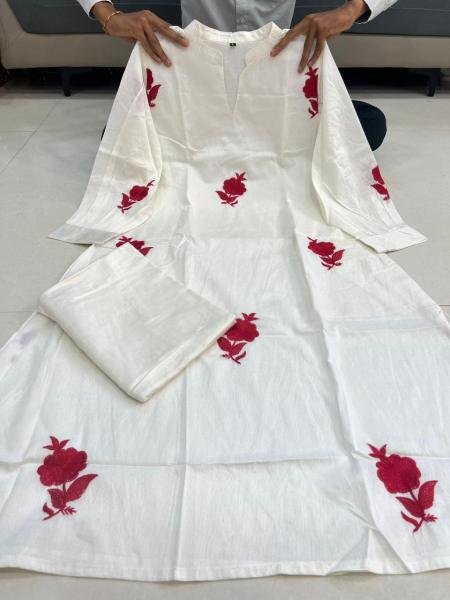Designer Gulab Work Chanderi Kurti Set with Cotton Lining & Pearl Mala  Straight Cut Long Kurtis