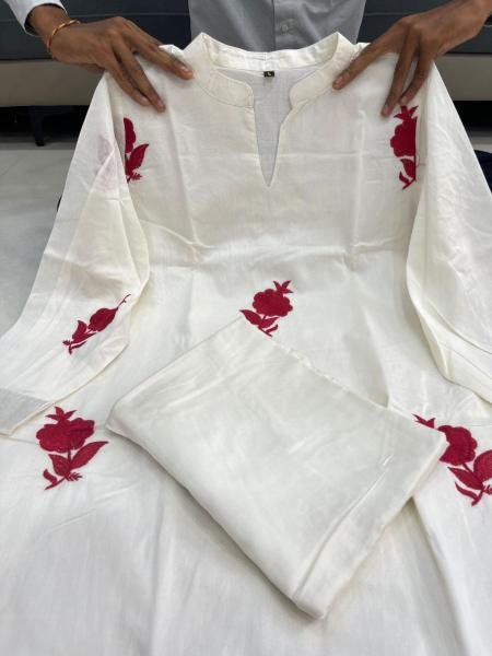 Designer Gulab Work Chanderi Kurti Set with Cotton Lining & Pearl Mala  Straight Cut Long Kurtis