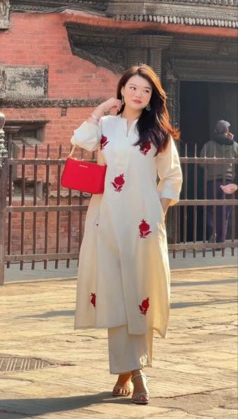 Designer Gulab Work Chanderi Kurti Set with Cotton Lining & Pearl Mala  Straight Cut Long Kurtis