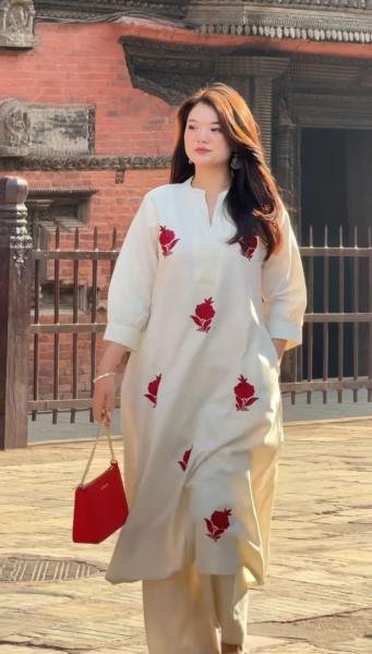 Designer Gulab Work Chanderi Kurti Set with Cotton Lining & Pearl Mala  Straight Cut Long Kurtis