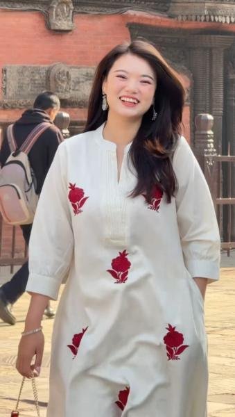 Designer Gulab Work Chanderi Kurti Set with Cotton Lining & Pearl Mala  Straight Cut Long Kurtis
