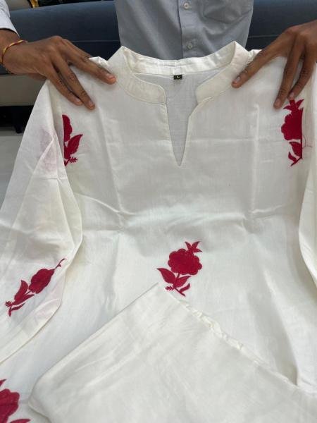 Designer Gulab Work Chanderi Kurti Set with Cotton Lining & Pearl Mala  Straight Cut Long Kurtis