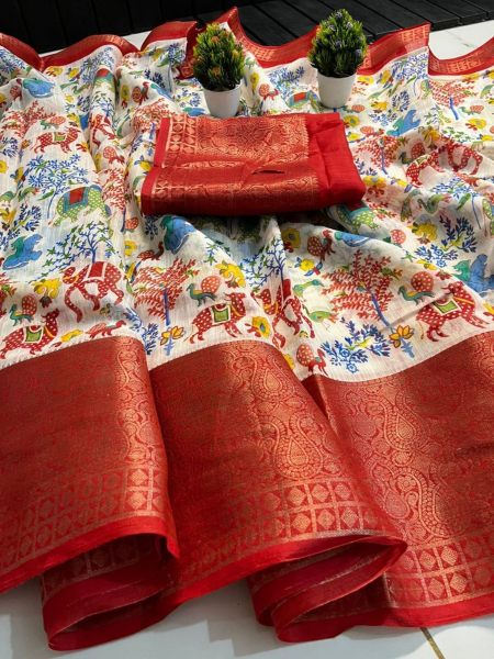 Designer Kalamkari Print Saree With Zig Zag Border Silk Sarees Wholesale