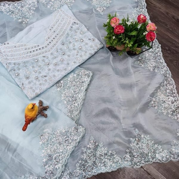 Designer Khadi Organza Silk Saree with Matching Blouse Elegant Embroidered Set at Low Manufacturer Rate Organza Sarees Wholesale