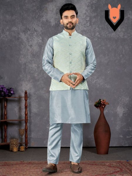 Designer Kurta Pajama with Self-Design Nehru Jacket Party Wear Look 
