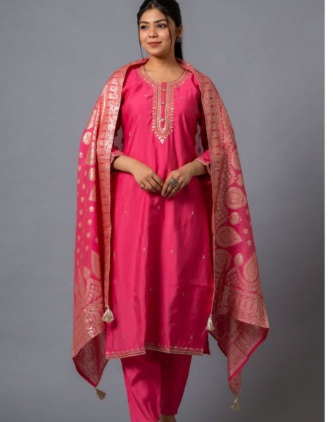 Designer Kurti In Wholesale Royal look Pink Color Chanderi Top And Bottom Set 