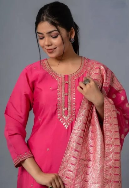 Designer Kurti In Wholesale Royal look Pink Color Chanderi Top And Bottom Set 3 Piece Kurti Set