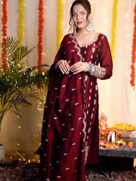 Designer Maroon Party Wear Straight Suit with Rangoli Silk Fabric   Embroidery Sequins Work Ready To Wear 