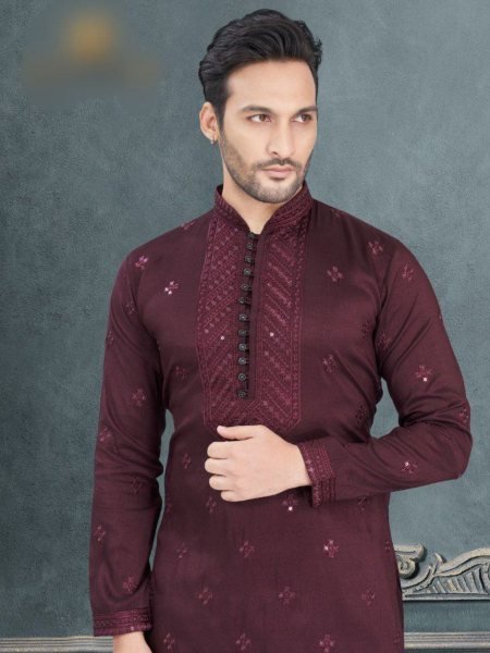Designer Maroon Silk Kurta Pajama with Embroidery Perfect for Diwali Nights Mens Wear