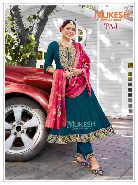 Designer Mukesh Taj Anarkali Set in Viscose Silk with Jacquard Dupatta At Wholesale Rates Full Set Kurti
