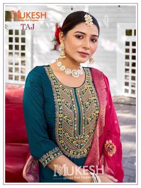 Designer Mukesh Taj Anarkali Set in Viscose Silk with Jacquard Dupatta At Wholesale Rates Full Set Kurti