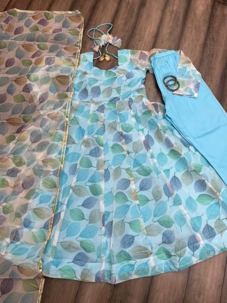 Designer Organza Printed  Suit with Dupatta and Pant 3 Piece Kurti Set