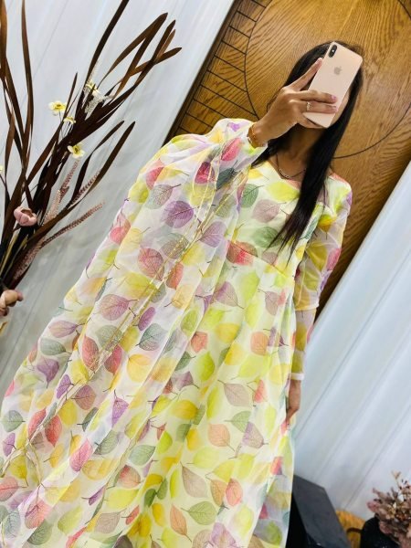 Designer Organza Printed  Suit with Dupatta and Pant 3 Piece Kurti Set