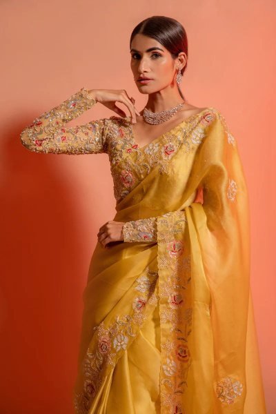 Designer Organza Silk Saree with C Pallu Heavy Embroidery Silk Blouse Festive Collection by Royal Export  Surat Organza Sarees Wholesale