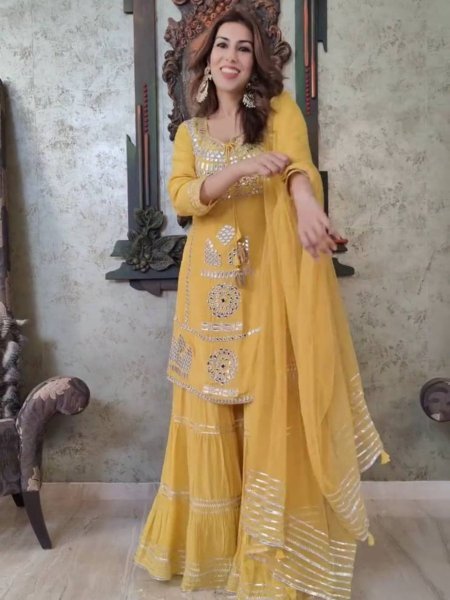 Designer Party  Wear Faux Georgette Yellow Palazzo set with Dupatta Salwar Kameez