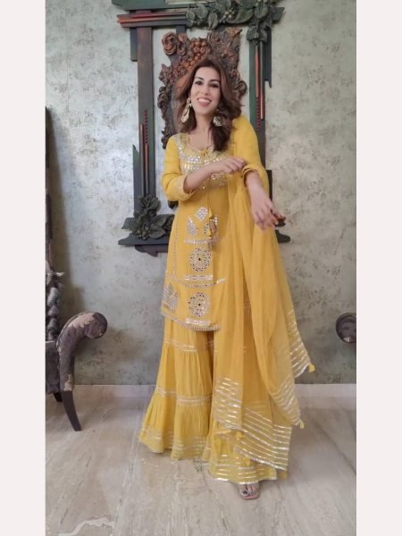 Designer Party  Wear Faux Georgette Yellow Palazzo set with Dupatta Designer Plazzo Salwar Suits Wholesale