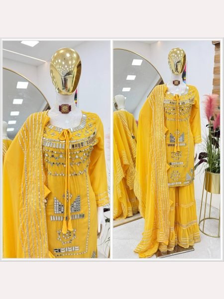 Designer Party  Wear Faux Georgette Yellow Palazzo set with Dupatta Designer Plazzo Salwar Suits Wholesale