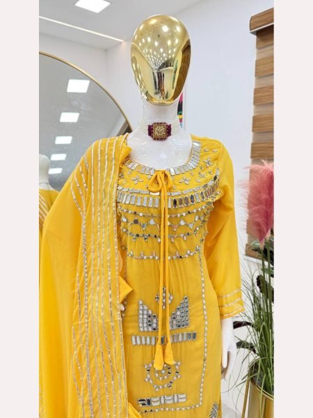 Designer Party  Wear Faux Georgette Yellow Palazzo set with Dupatta Designer Plazzo Salwar Suits Wholesale