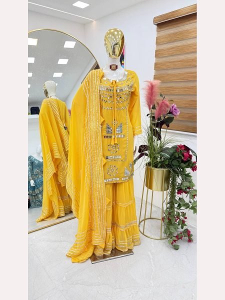 Designer Party  Wear Faux Georgette Yellow Palazzo set with Dupatta Designer Plazzo Salwar Suits Wholesale