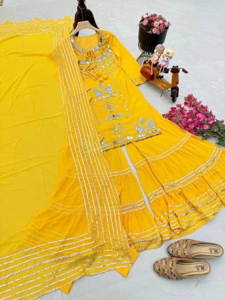 Designer Party  Wear Faux Georgette Yellow Palazzo set with Dupatta Designer Plazzo Salwar Suits Wholesale