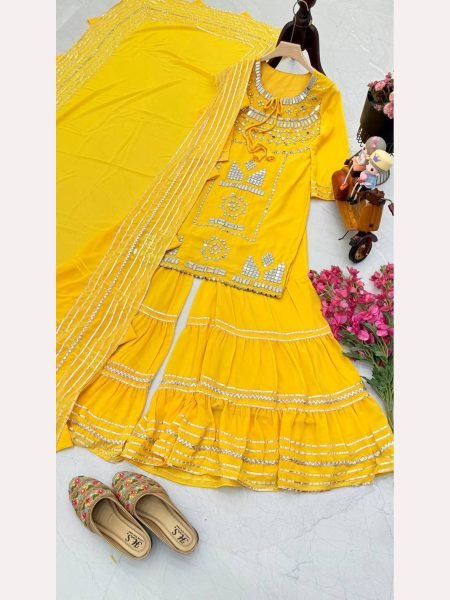 Designer Party  Wear Faux Georgette Yellow Palazzo set with Dupatta Designer Plazzo Salwar Suits Wholesale