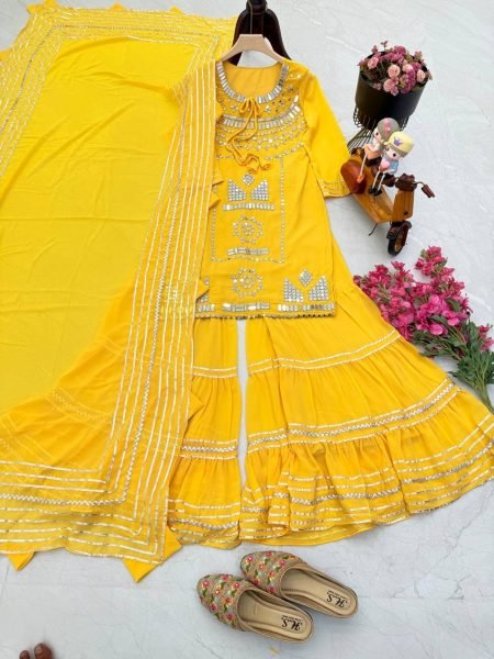 Designer Party  Wear Faux Georgette Yellow Palazzo set with Dupatta Designer Plazzo Salwar Suits Wholesale