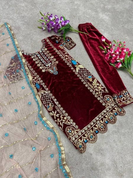 Designer Party Wear Set   Buy Exclusive Velvet Suits  with Embroidery Sequence Work Ready To Wear Collection