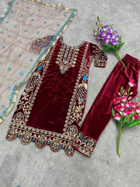 Designer Party Wear Set   Buy Exclusive Velvet Suits  with Embroidery Sequence Work Ready To Wear Collection