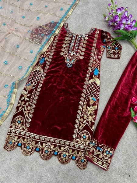 Designer Party Wear Set   Buy Exclusive Velvet Suits  with Embroidery Sequence Work Ready To Wear Collection