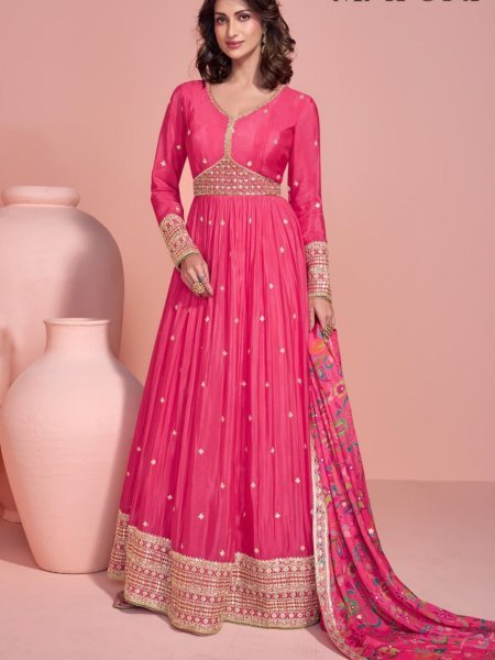 Designer Pink Anarkali Gown in Chinon Silk Fabric with Heavy Sequence Embroidery and Dupatta New Launch Anarakali Gown Wholesale