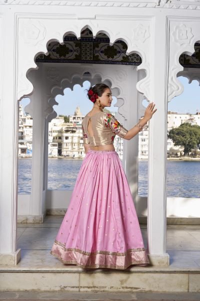Beautiful Pink Color Desinger Paithani Jacquard Silk Saree Lehenga Choli Set Half Saree Lehenga
