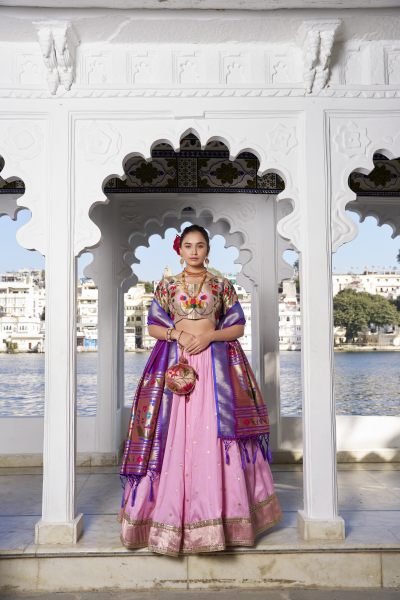 Beautiful Pink Color Desinger Paithani Jacquard Silk Saree Lehenga Choli Set Half Saree Lehenga