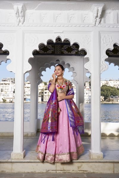 Beautiful Pink Color Desinger Paithani Jacquard Silk Saree Lehenga Choli Set Half Saree Lehenga