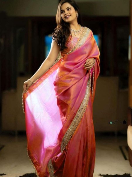 Designer Pink Twill Tissue Saree with Heavy Lace and Embroidered Blouse Sarees 