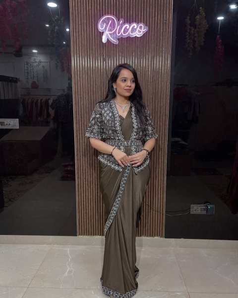 Designer Pre Draped Saree Set with Stylish Blouse  Embroidered Belt   Koti Bollywood Party Wear Look Ready To Wear Saree 