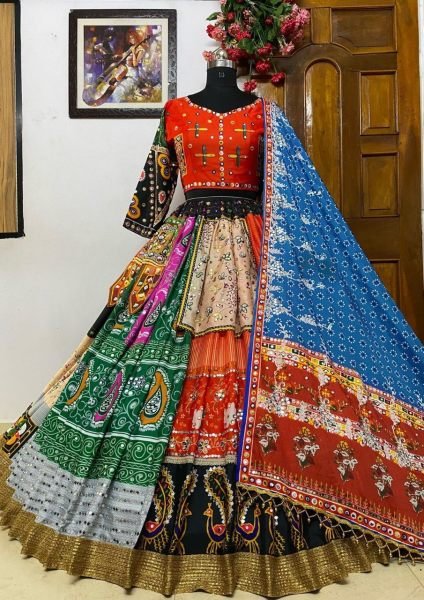 Designer Printed Butter Silk Lehenga Choli With Mirror Work  Navratri Lehnega Choli