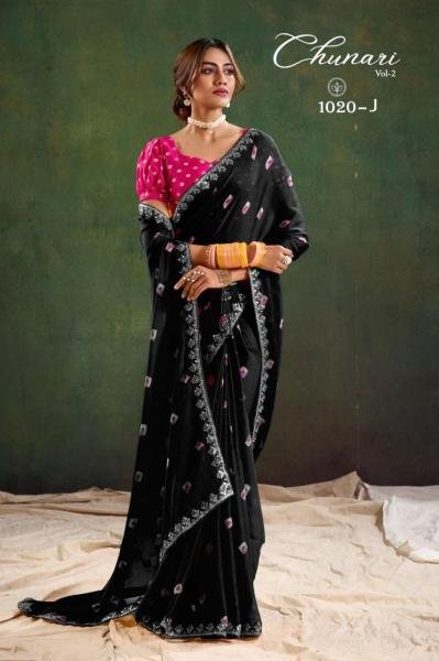 Designer Pure Chiffon Saree With Bandhani Mill Print & Contrast Jacquard Blouse Pure Chiffon Sarees Wholesale