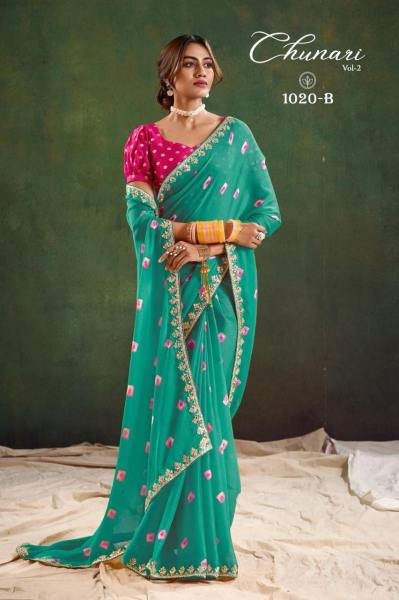 Designer Pure Chiffon Saree With Bandhani Mill Print & Contrast Jacquard Blouse Pure Chiffon Sarees Wholesale